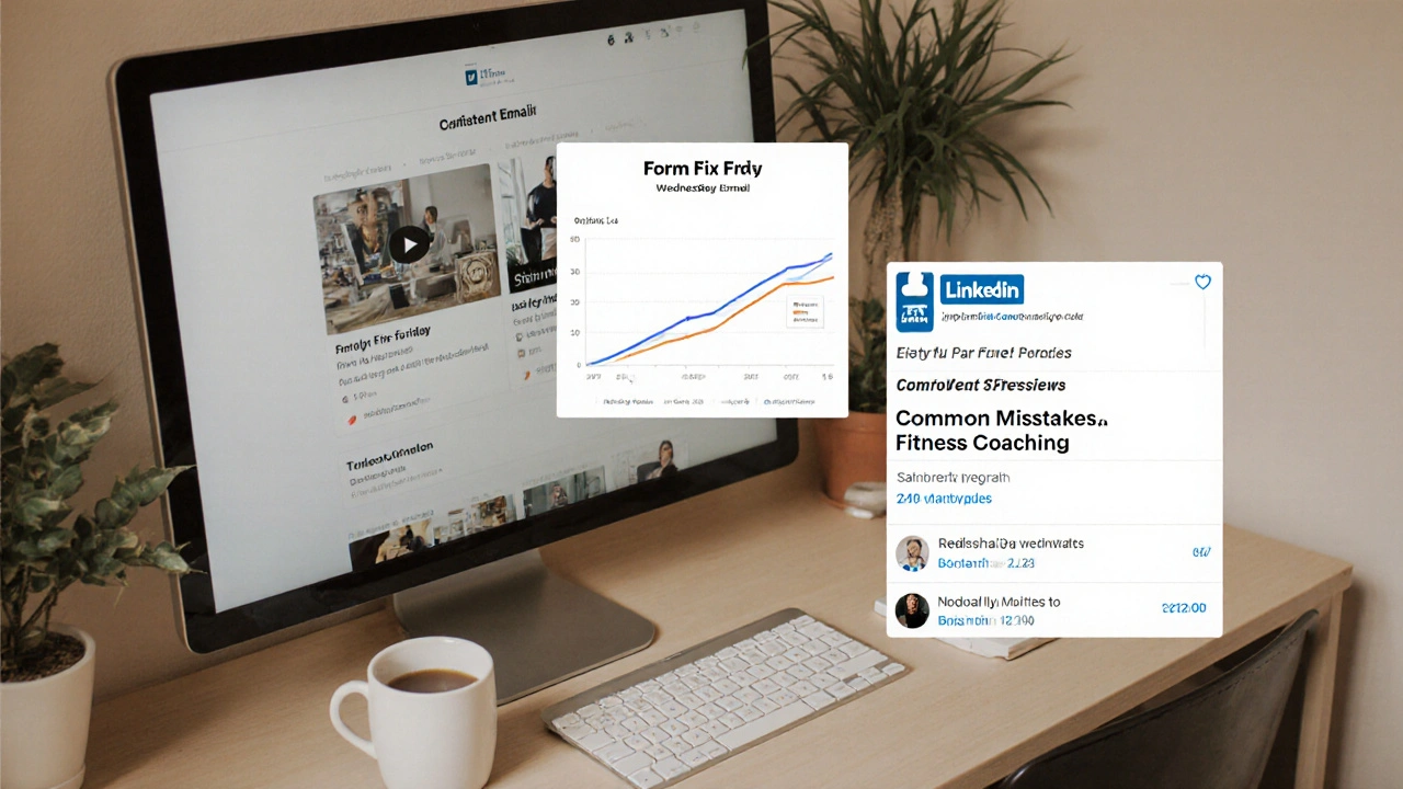 A content calendar showing consistent weekly posts: video, email, and LinkedIn content in a calm workspace.