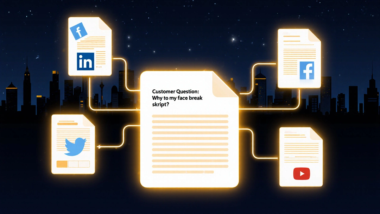 A single blog post branching into multiple social media content pieces glowing with golden light.