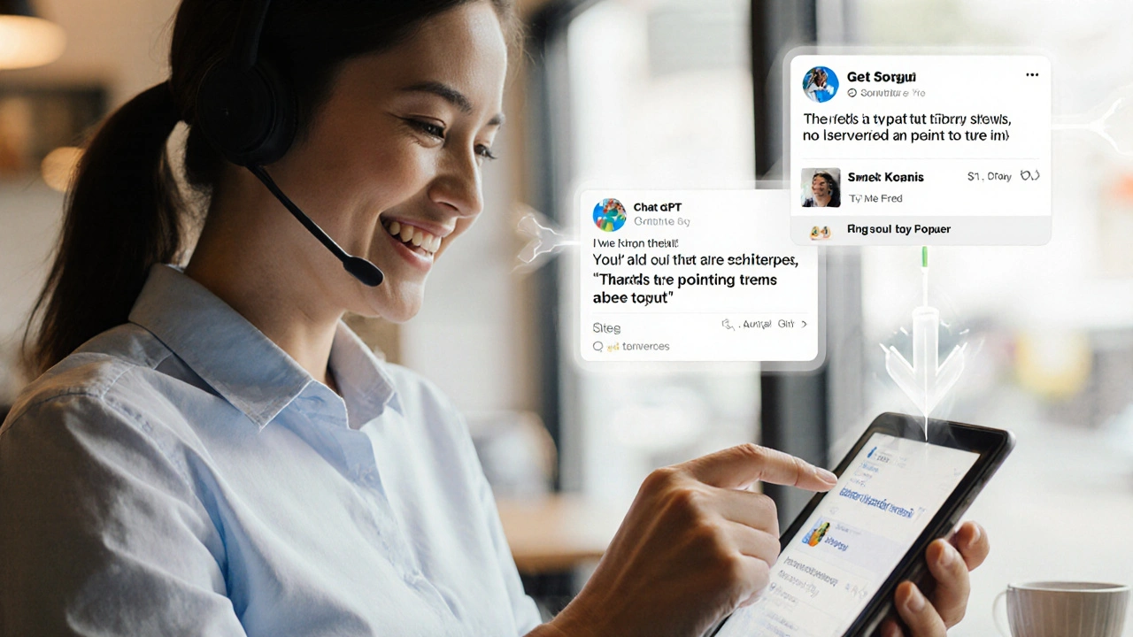 Customer service rep reviewing an empathetic AI-generated response with real customer feedback visible.