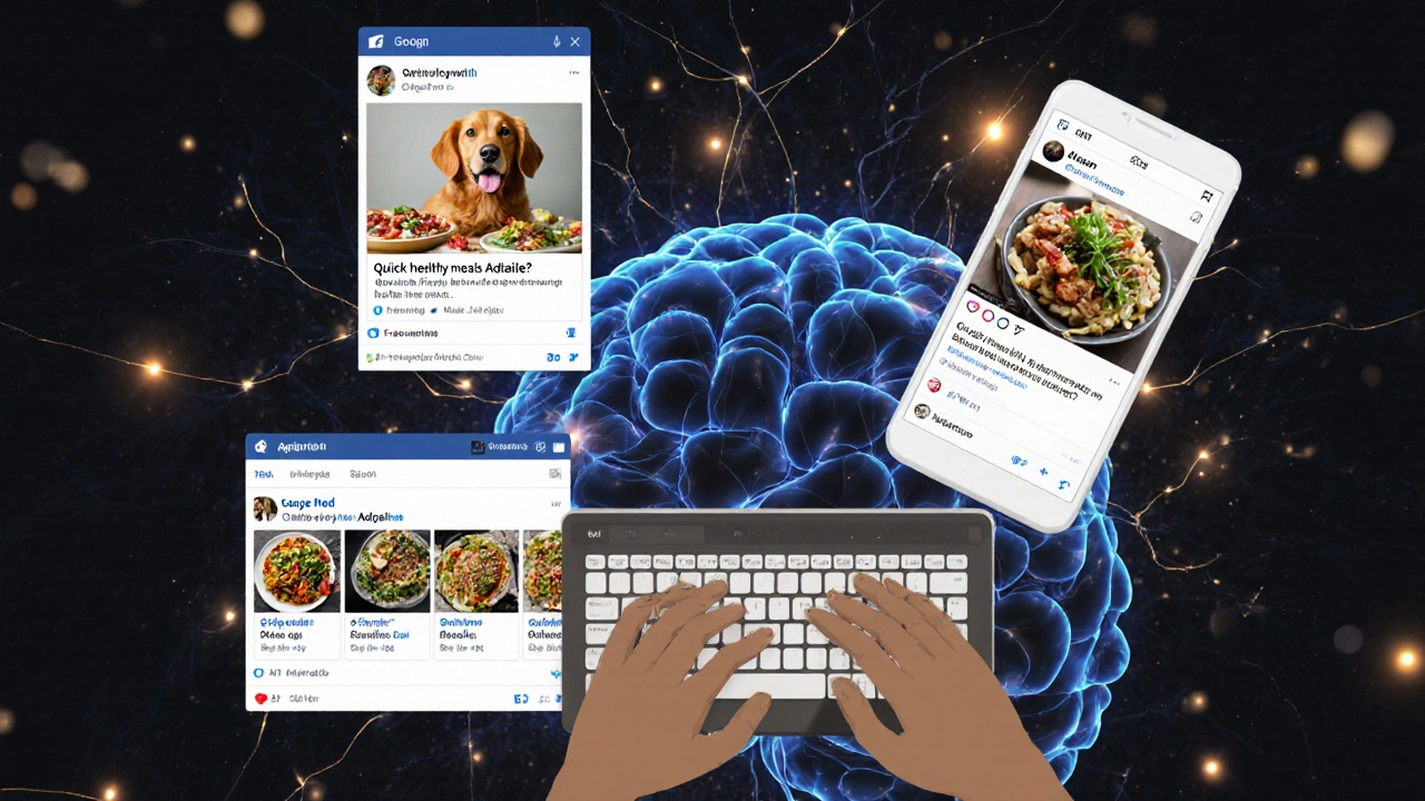 Digital brain connecting ad concepts like Facebook posts, Google search snippets, and Instagram carousels.