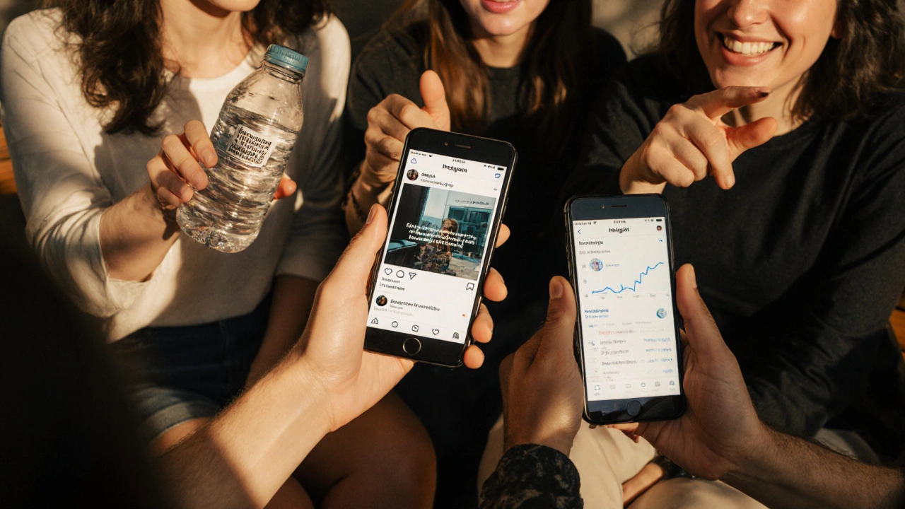 Small business owners in co-working space smiling at phones showing AI-assisted Instagram posts.