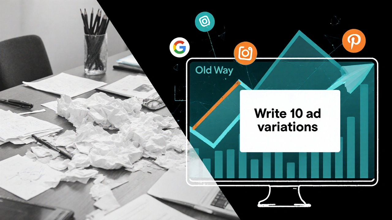 Split-screen comparison: chaotic traditional ad process vs. clean AI-powered campaign with rising analytics.