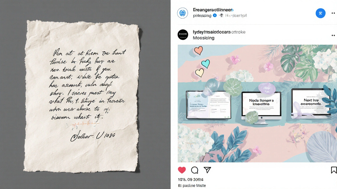 Split-screen of customer review turned into AI-generated Instagram carousel post.