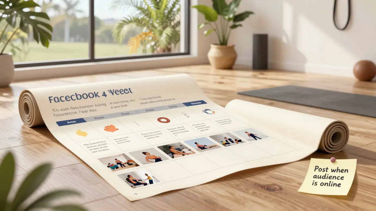 A digital calendar for a Perth yoga studio's Facebook posts with icons for quotes, testimonials, and videos.