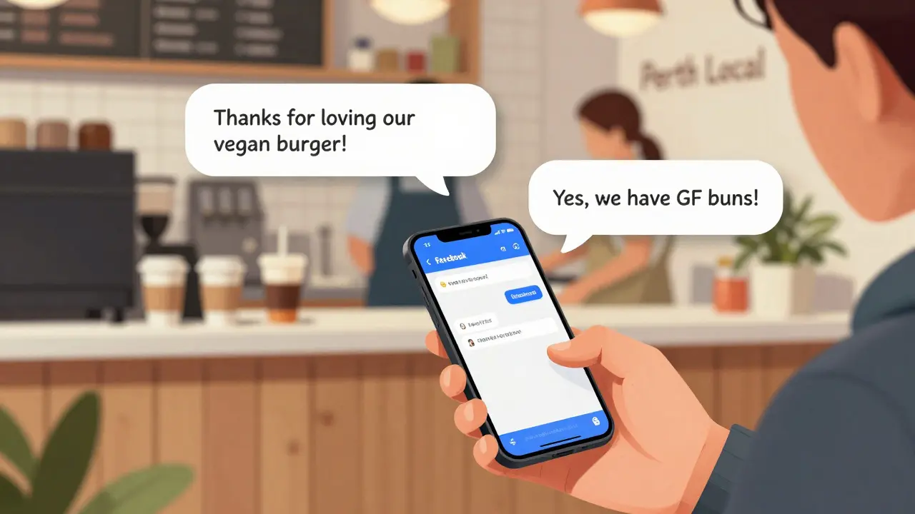 Hand typing a Facebook reply with AI-generated comments floating nearby in a cozy café setting.