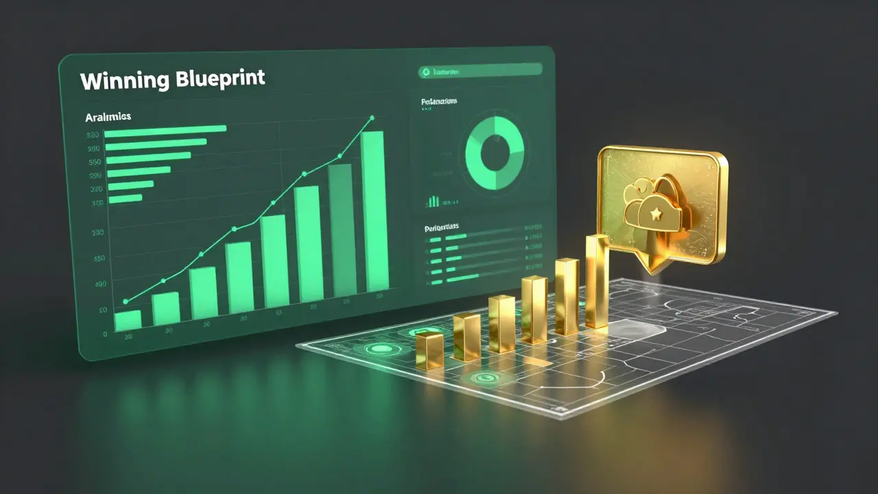A futuristic dashboard transforming data analytics into a golden blueprint for social media growth.