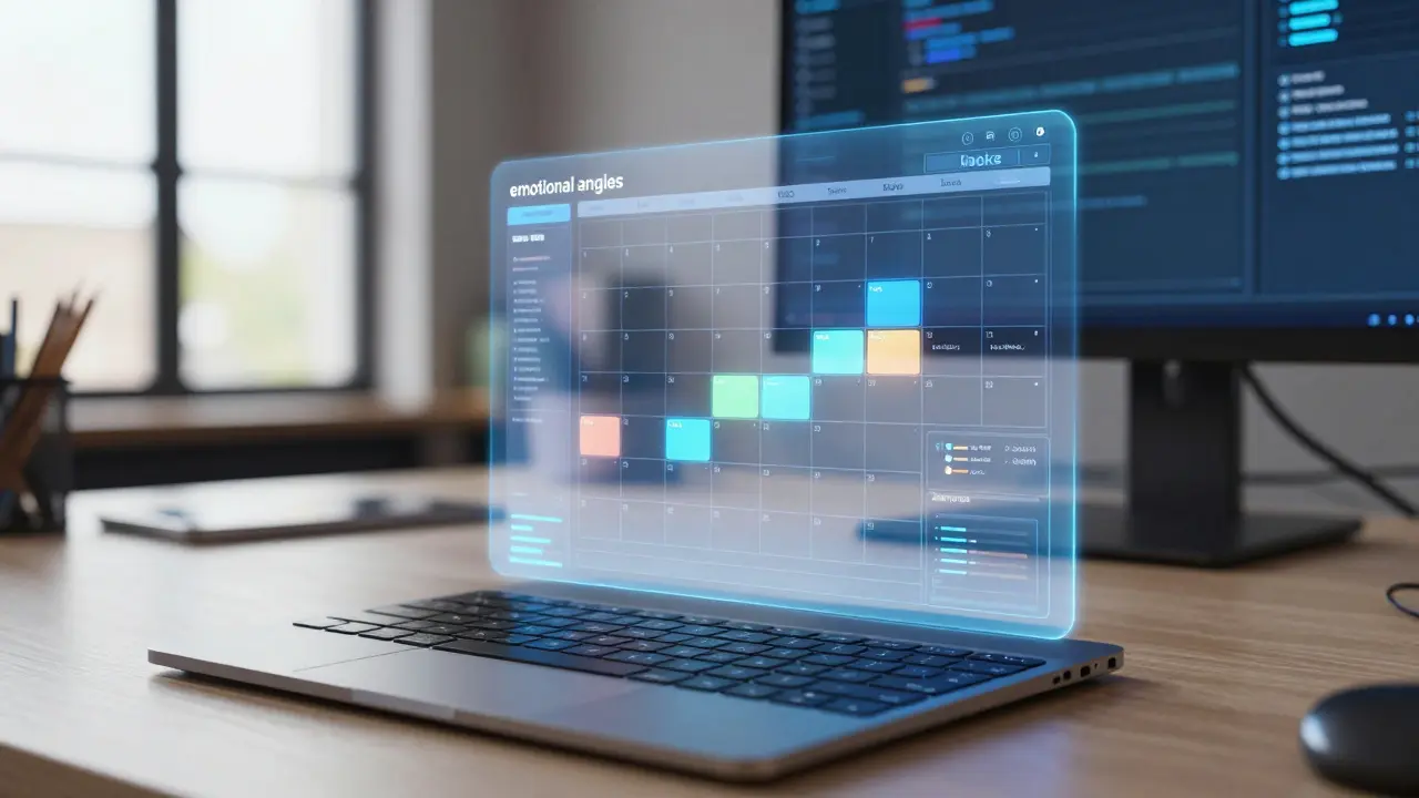 A modern workspace with a holographic AI interface displaying a structured social media content calendar.