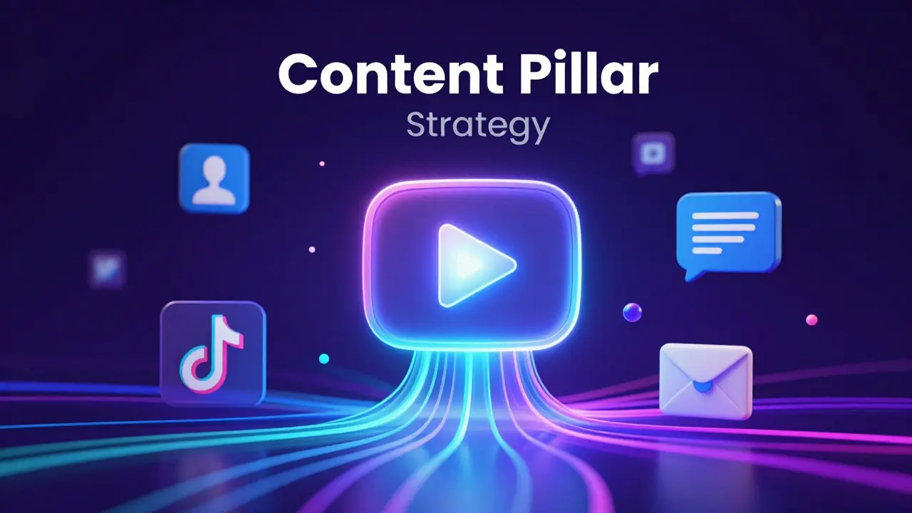 Conceptual 3D visualization of one video being transformed into multiple social media formats via AI.