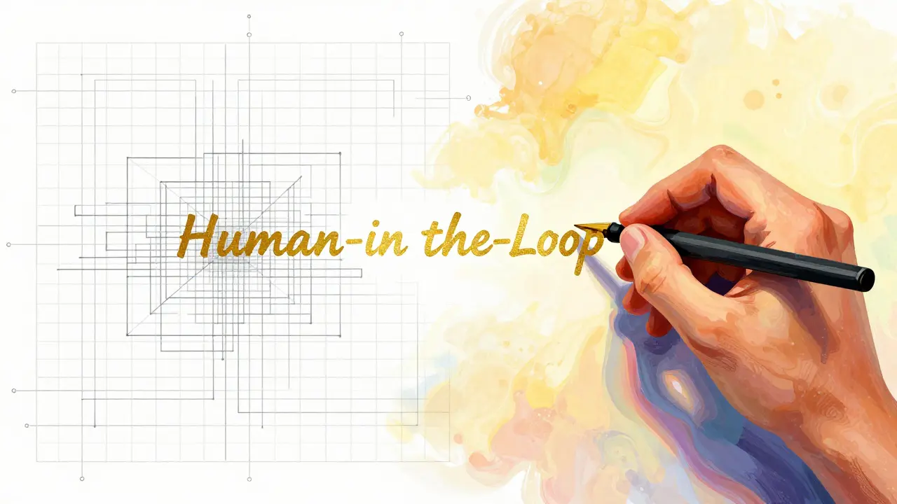 Split-screen art showing a digital AI draft being refined by a human hand to add emotional touch.