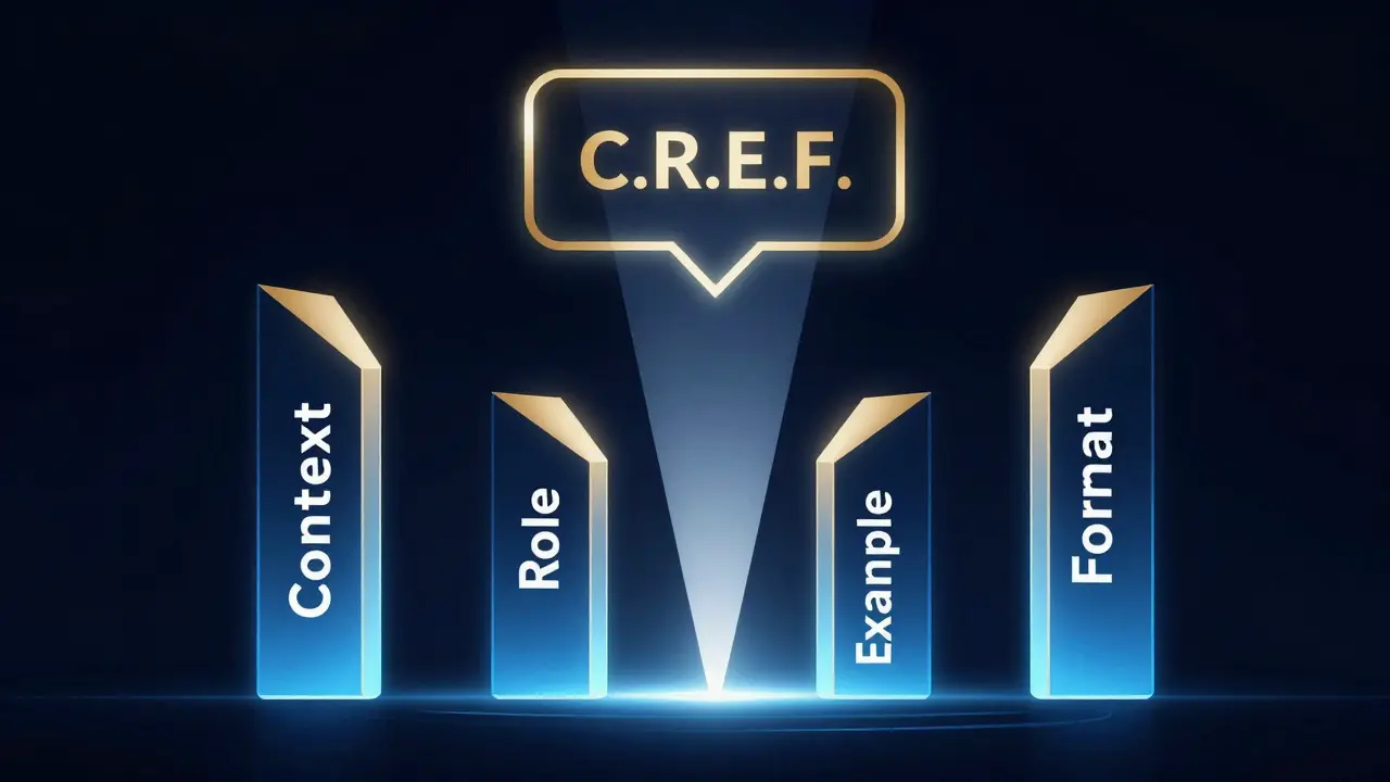 Abstract visualization of the CREF prompt engineering framework pillars