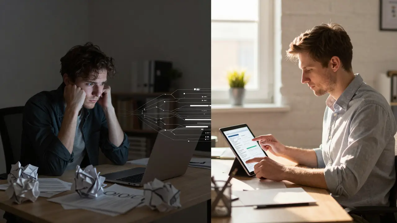 Comparison of chaotic manual work versus organized AI-assisted workflow