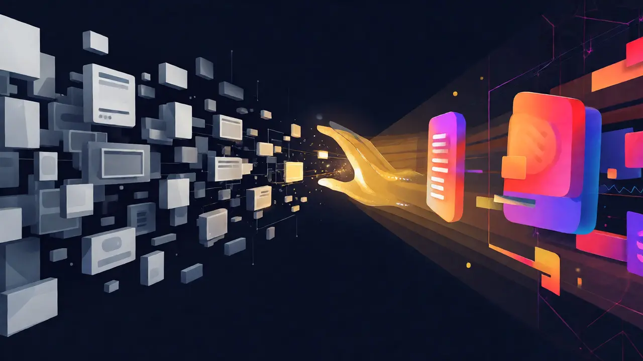 Abstract visualization of raw AI data transforming into polished ad copy