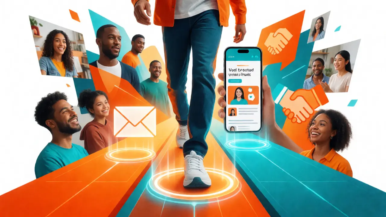 Dynamic digital collage showing a marketer progressing through online strategy milestones.