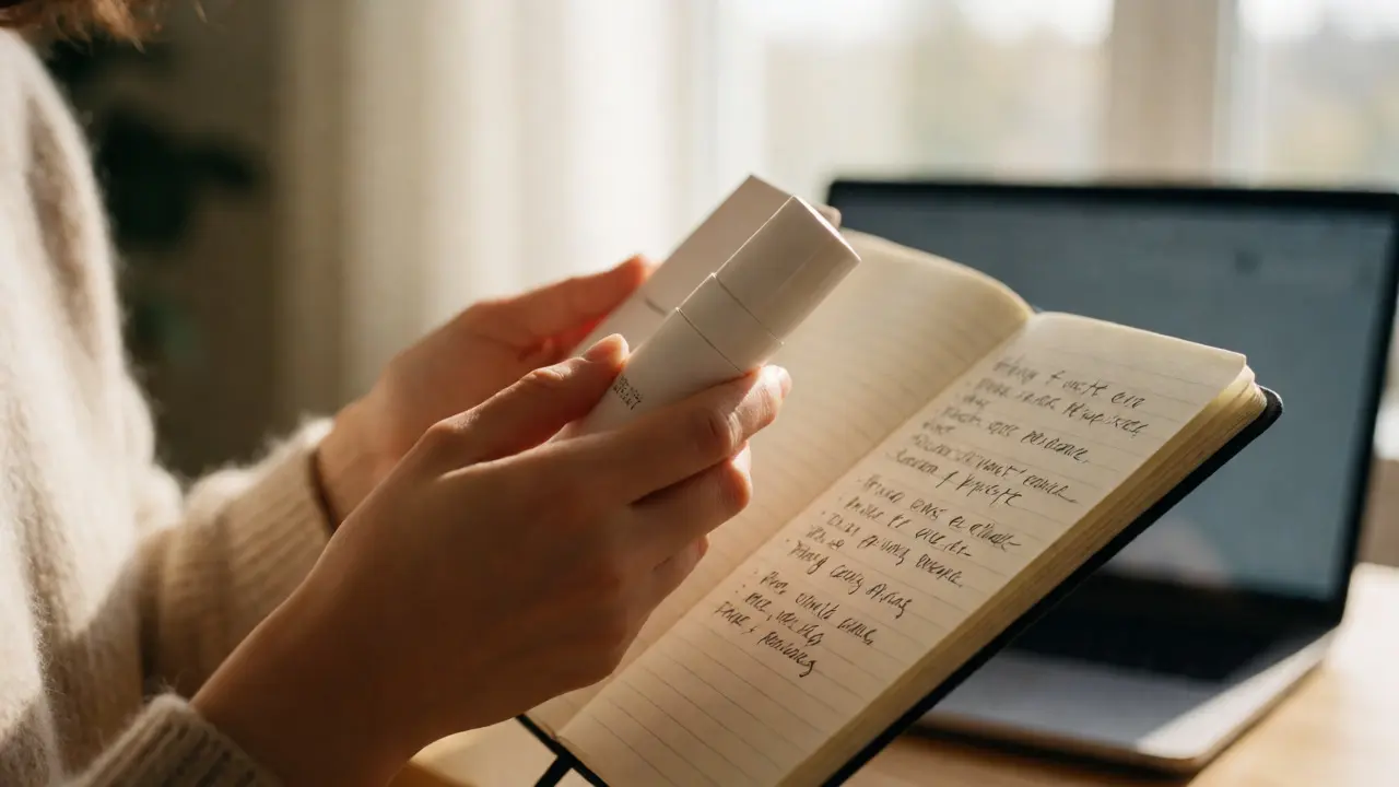 Hands holding a product with handwritten honest review notes in warm light.