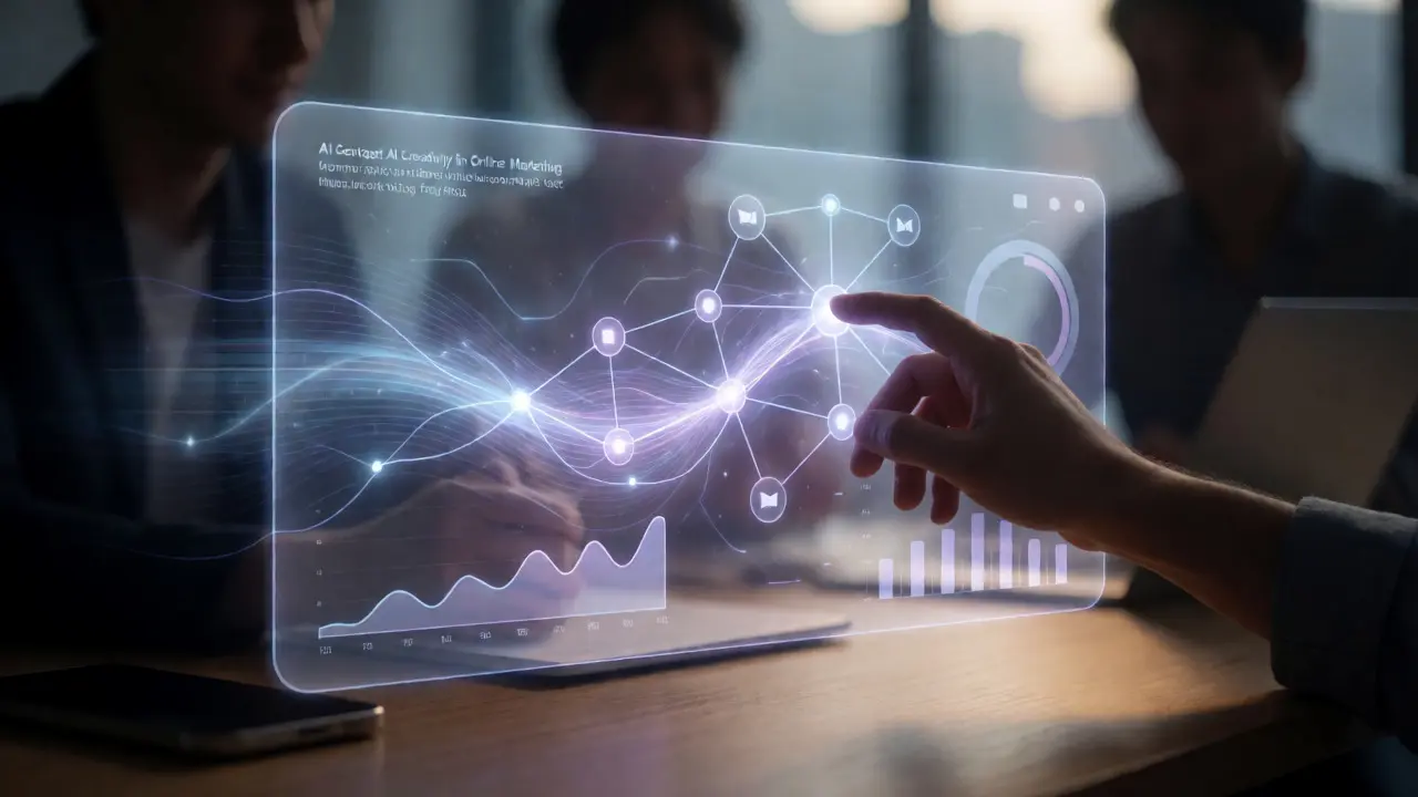 Human hand interacting with a holographic AI data interface in a workspace.