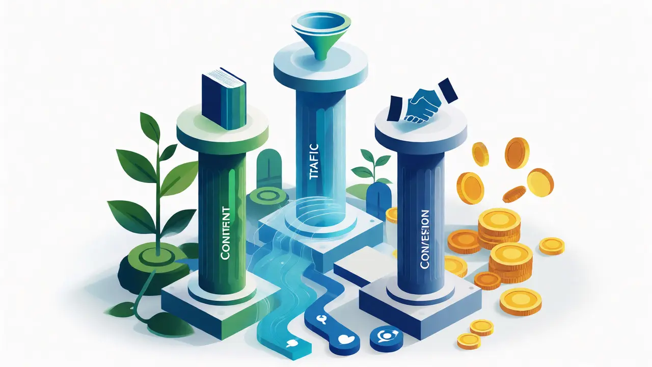 Isometric illustration of digital marketing pillars: content, traffic, conversion