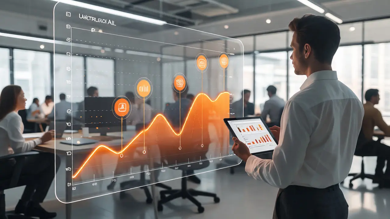 Marketer reviewing predictive AI trends on a transparent interface.
