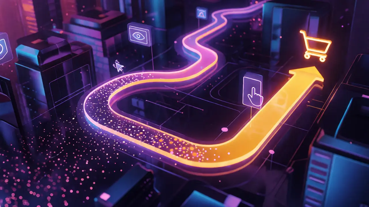 Neon path illustrating the complex multi-touch customer journey.