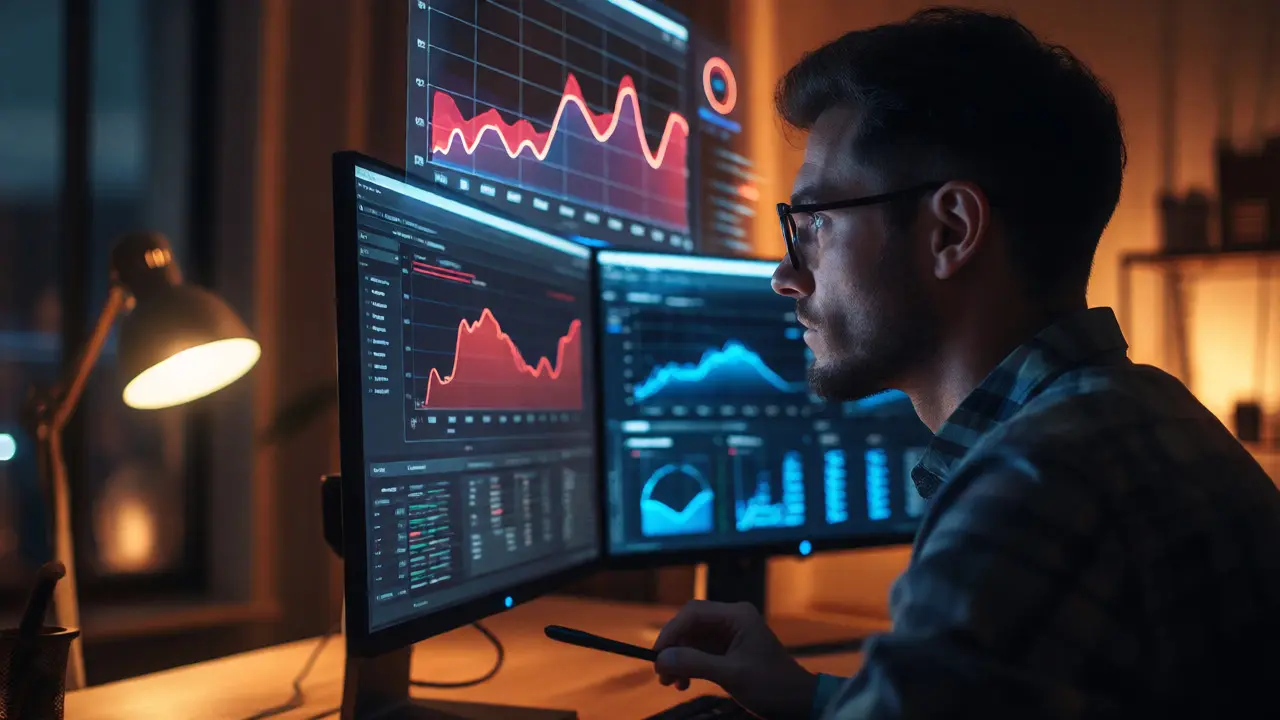 Social media manager analyzing holographic data projections at night