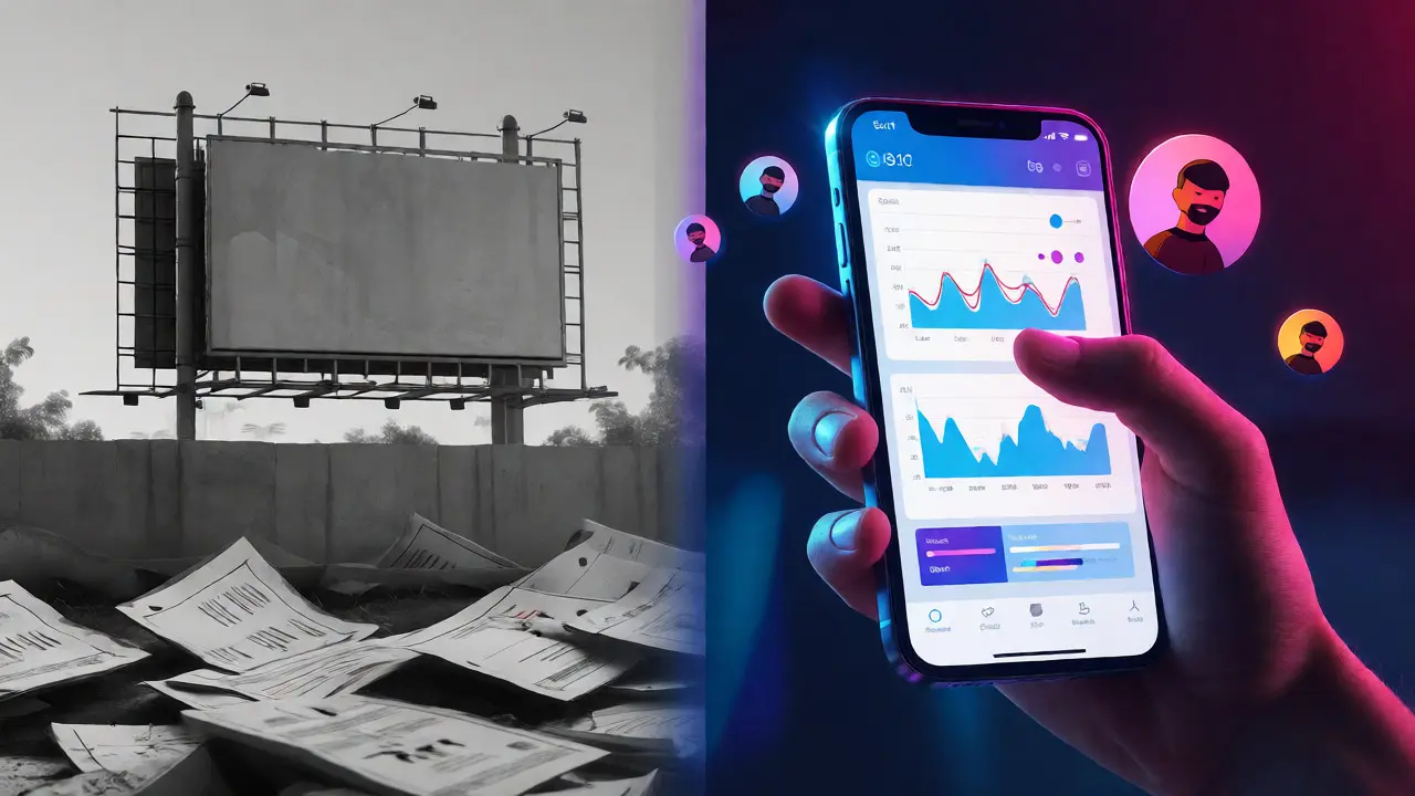 Split view comparing ineffective traditional marketing with data-driven digital growth