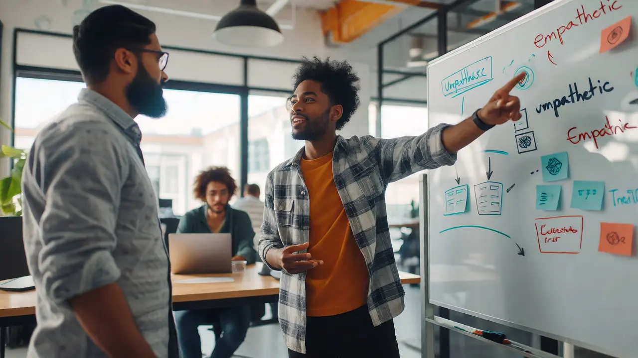 Team collaborating in a modern office discussing advertising strategy