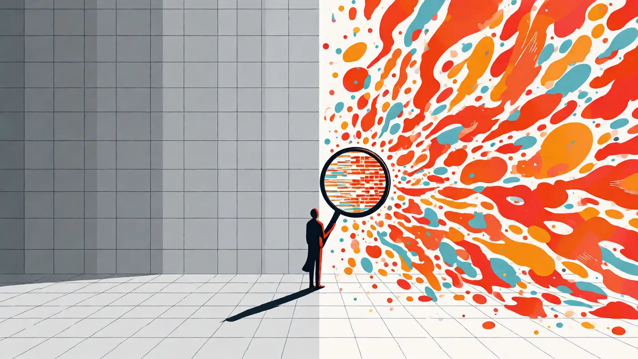 Abstract split scene contrasting rigid traditional media grids with chaotic, colorful AI influence.