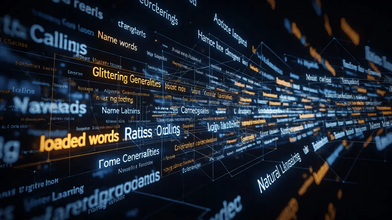 Abstract visualization of AI analyzing text streams to detect propaganda patterns and biases.