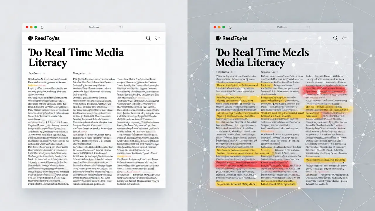 Augmented reality overlay highlighting manipulative phrases in a news article in real-time.