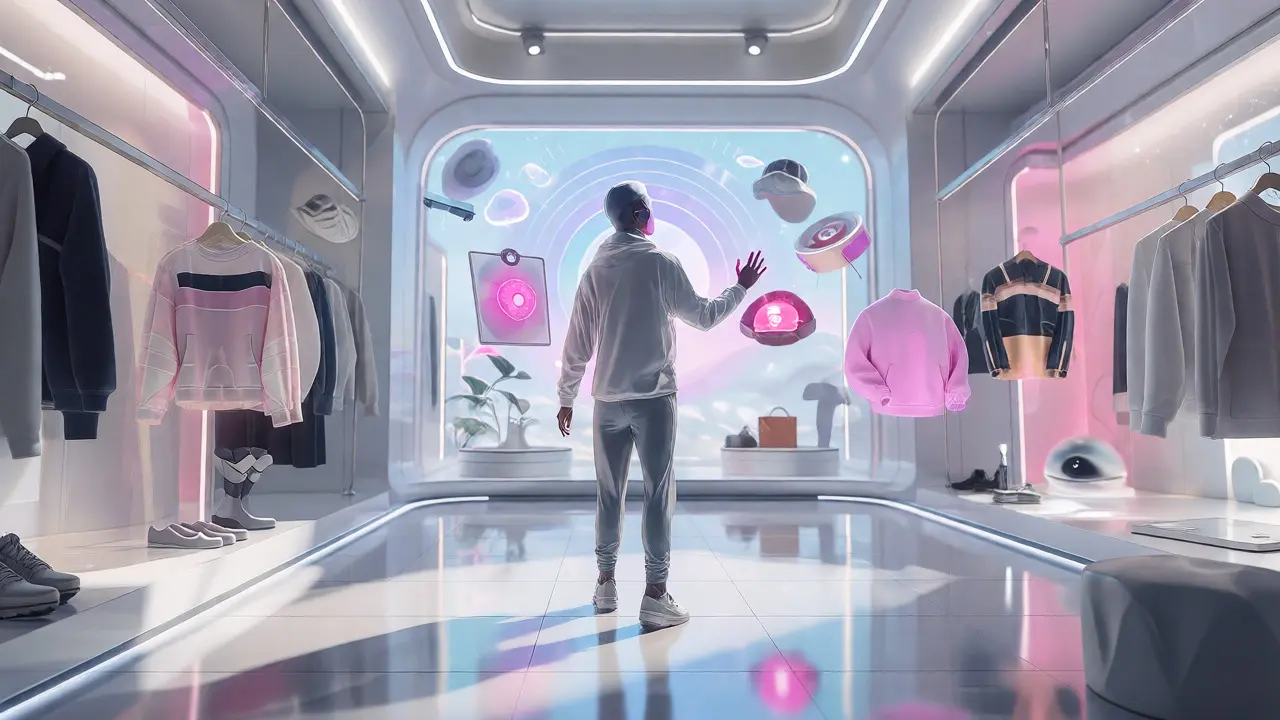 Avatar interacting with holographic clothes in a virtual store