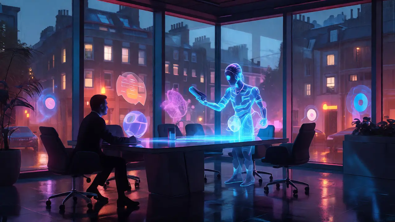 Business owner interacting with AI holographic data in a London boardroom