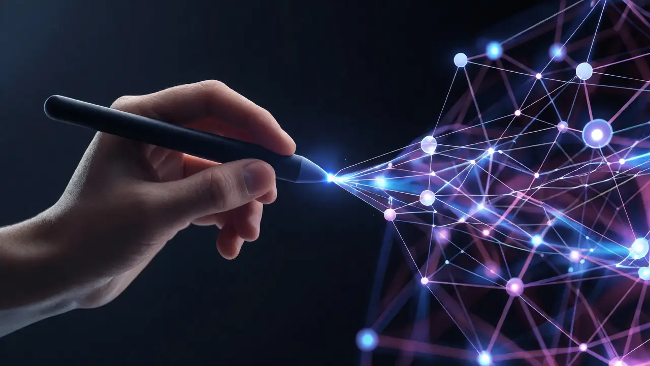 Digital illustration of a hand guiding a glowing network of connected nodes.