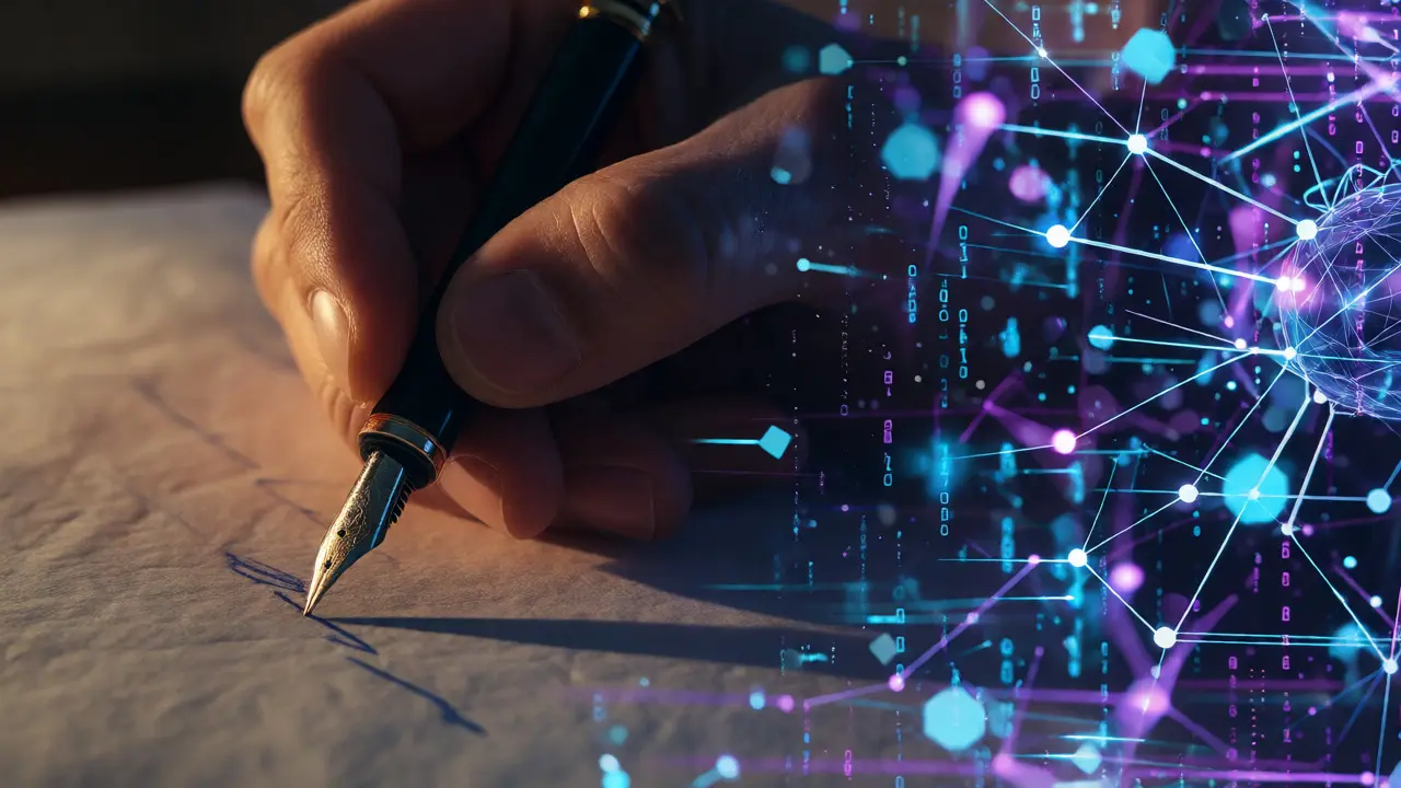 Double exposure of hand writing merging with digital neural network nodes