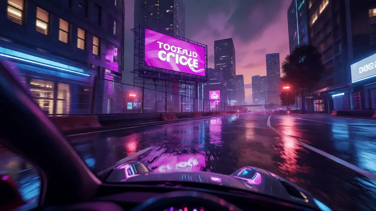 First-person view of a racing game with integrated billboard ads