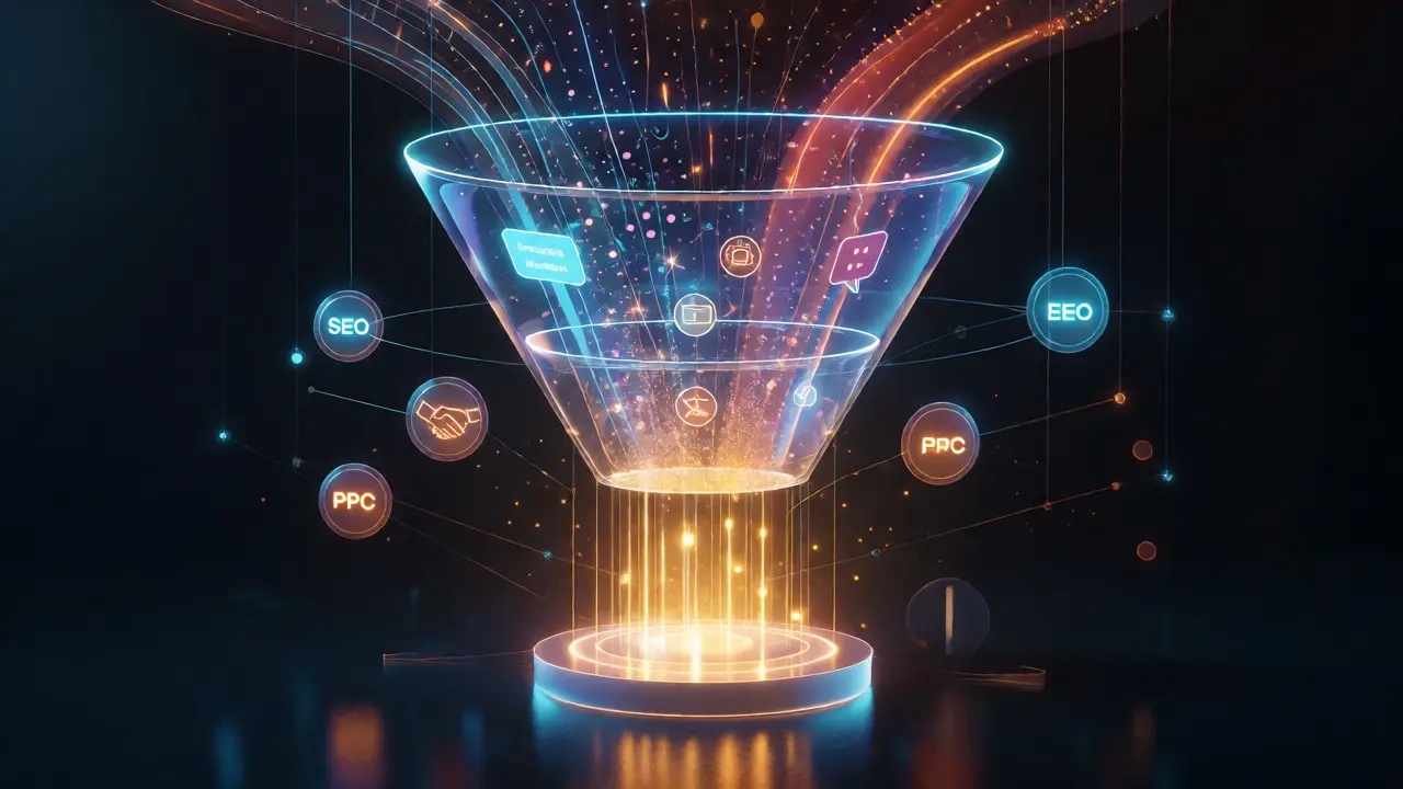 Glowing 3D customer journey funnel transforming strangers into customers