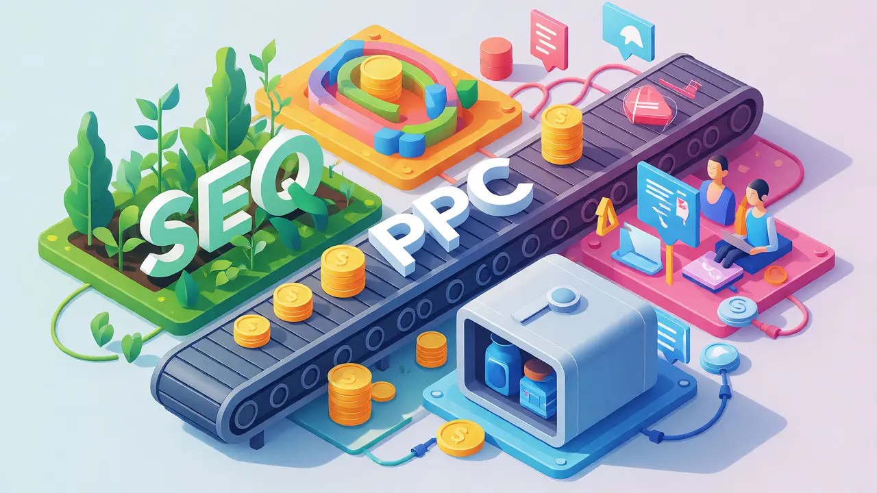 Isometric 3D illustration of SEO, PPC, social media, and email marketing pillars