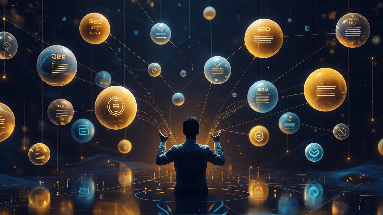 Marketer conducting floating digital orbs representing automated marketing tasks