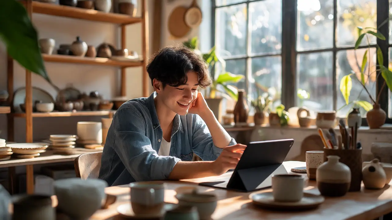 Relaxed entrepreneur in a sunny studio with ceramics
