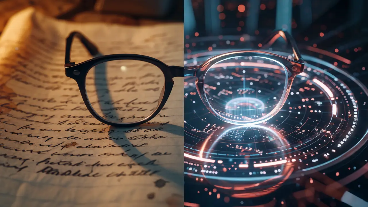 Split view of handwritten notes and holographic data streams