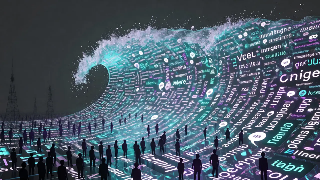 Surreal digital wave of text fragments crashing over silhouettes, symbolizing AI propaganda scale.